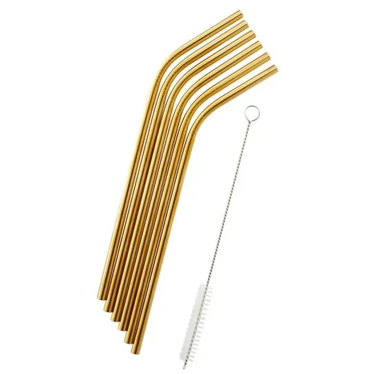 12-Pack: Reusable Stainless Steel Straw in Gold With Cleaning Brush