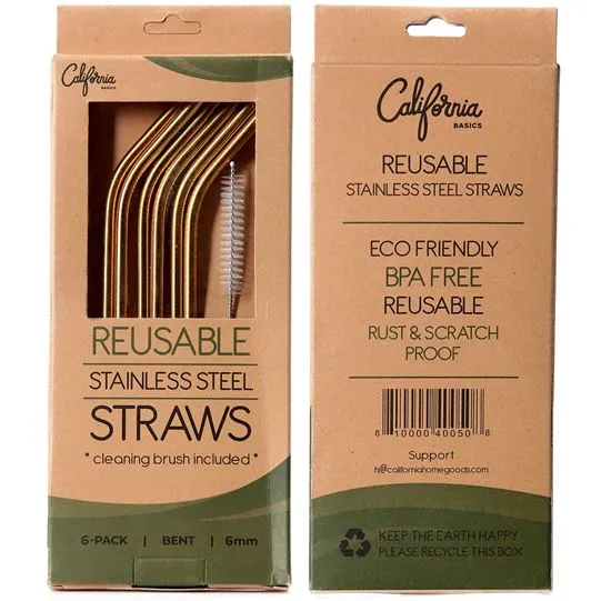 12-Pack: Reusable Stainless Steel Straw in Gold With Cleaning Brush