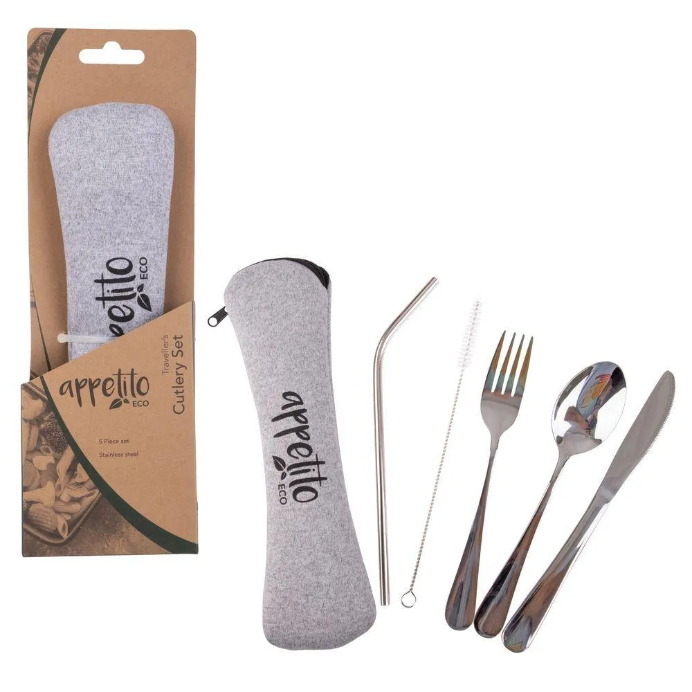 5 Piece Stainless Steel Travel Cutlery Set Silver