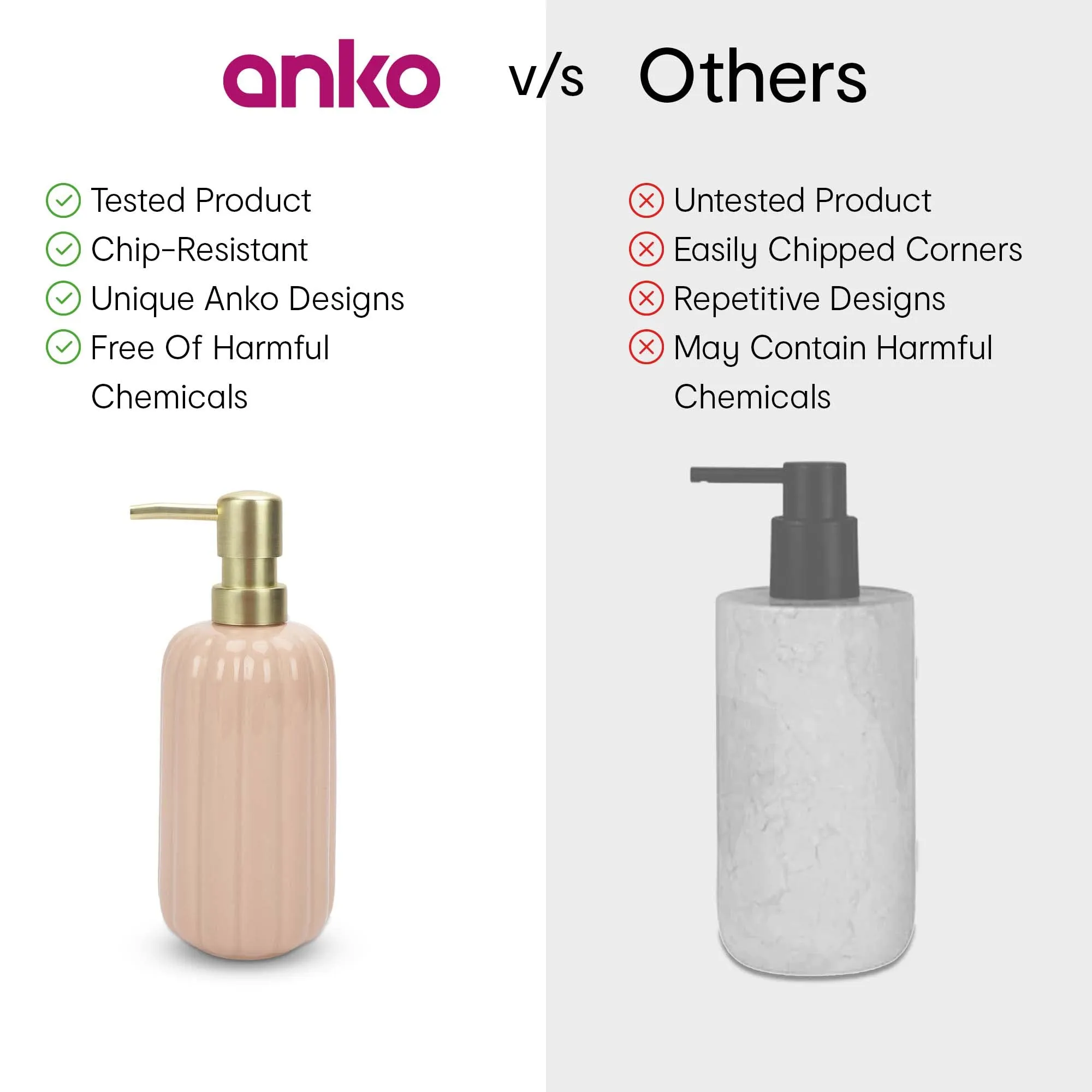 Anko Pink Ribbed Stoneware Bathroom Set - Rust-Proof Toothbrush Holder and Leak-Proof 400mL Soap Dispenser | Easy to Clean | Ideal for Sanitizer, Lotion, Shampoo - Pink.