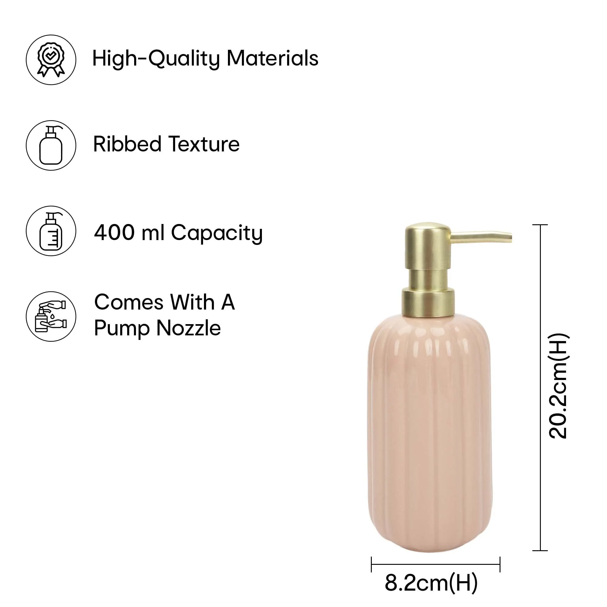 Anko Pink Ribbed Stoneware Bathroom Set - Rust-Proof Toothbrush Holder and Leak-Proof 400mL Soap Dispenser | Easy to Clean | Ideal for Sanitizer, Lotion, Shampoo - Pink.