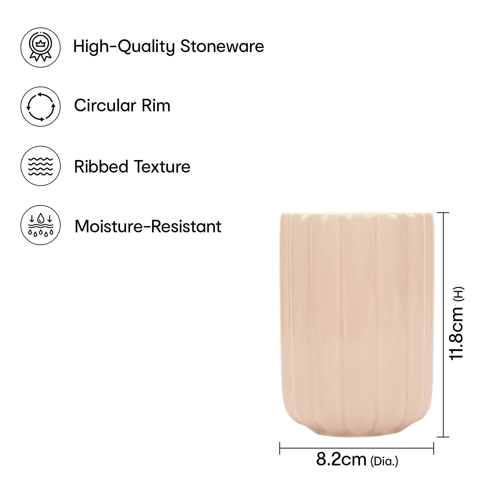 Anko Pink Ribbed Stoneware Bathroom Set - Rust-Proof Toothbrush Holder and Leak-Proof 400mL Soap Dispenser | Easy to Clean | Ideal for Sanitizer, Lotion, Shampoo - Pink.