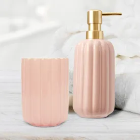 Anko Pink Ribbed Stoneware Bathroom Set - Rust-Proof Toothbrush Holder and Leak-Proof 400mL Soap Dispenser | Easy to Clean | Ideal for Sanitizer, Lotion, Shampoo - Pink.