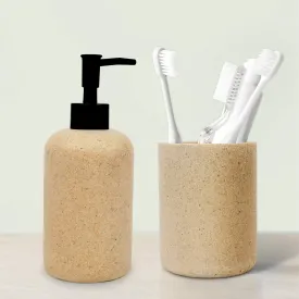 Anko Polyresin Toothbrush Holder & Liquid Soap Dispenser (400 mL) Set for Bathroom | Rust-Proof, Leak-Proof, Easy to Clean | Bathroom Sanitizer, Lotion, Shampoo Dispenser Beige