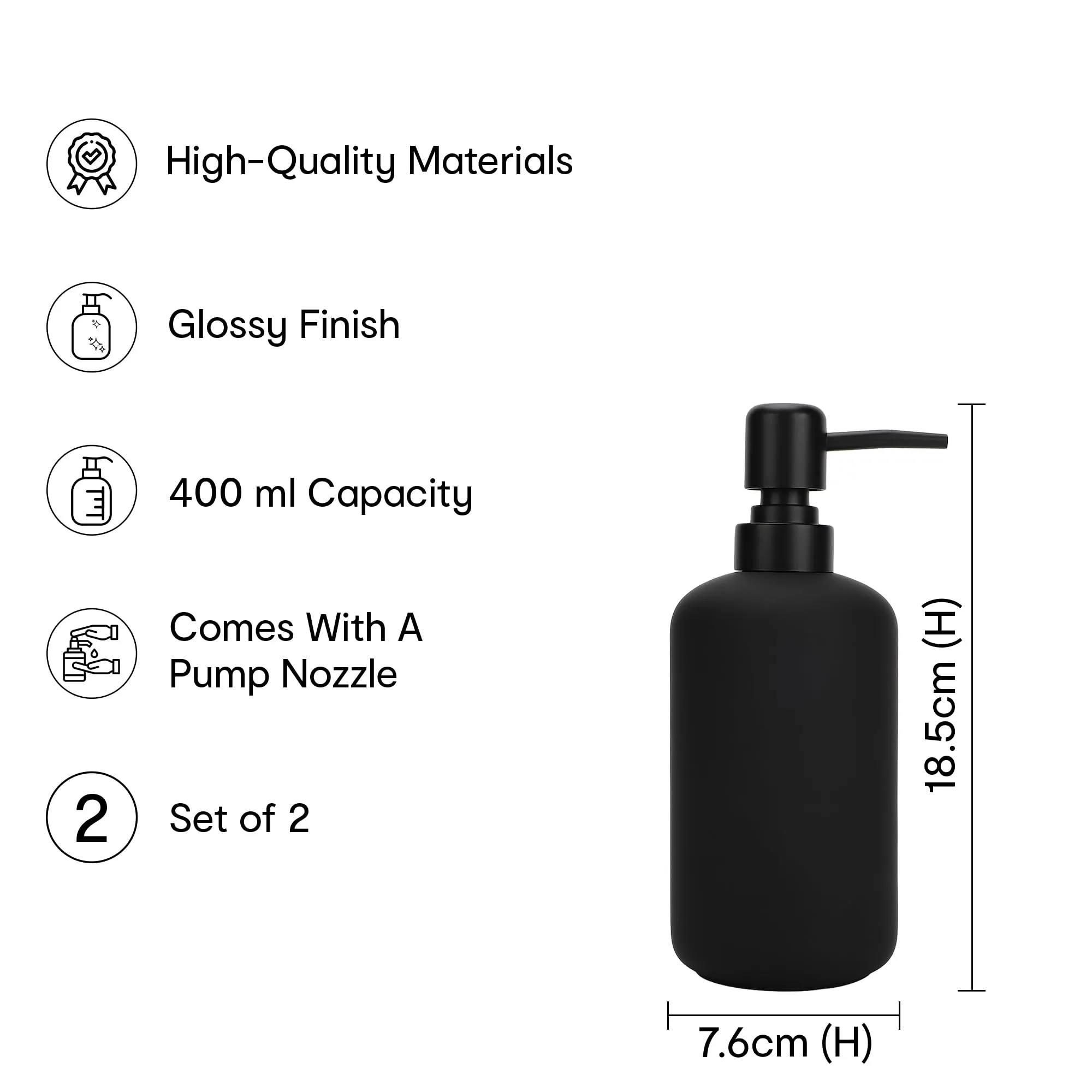 Anko Stoneware & Powder-Coated Plastic Soap Dispenser- Set of 2| | Rust-Proof, Leak-Proof, Moisture-Resistant | Soft Touch, Easy to Clean | Black | 400 ml | 18.5 Cm (H) x 7.6 Cm (D) (1 Pc)