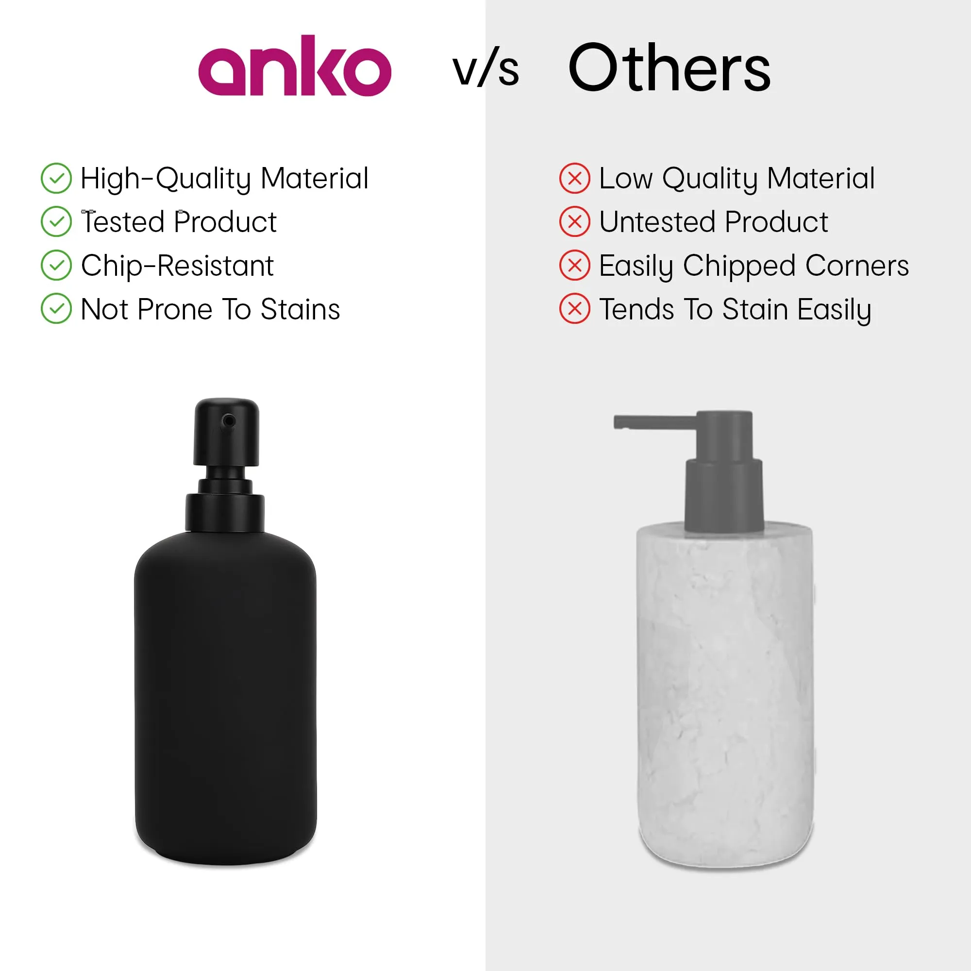 Anko Stoneware & Powder-Coated Plastic Soap Dispenser- Set of 2| | Rust-Proof, Leak-Proof, Moisture-Resistant | Soft Touch, Easy to Clean | Black | 400 ml | 18.5 Cm (H) x 7.6 Cm (D) (1 Pc)