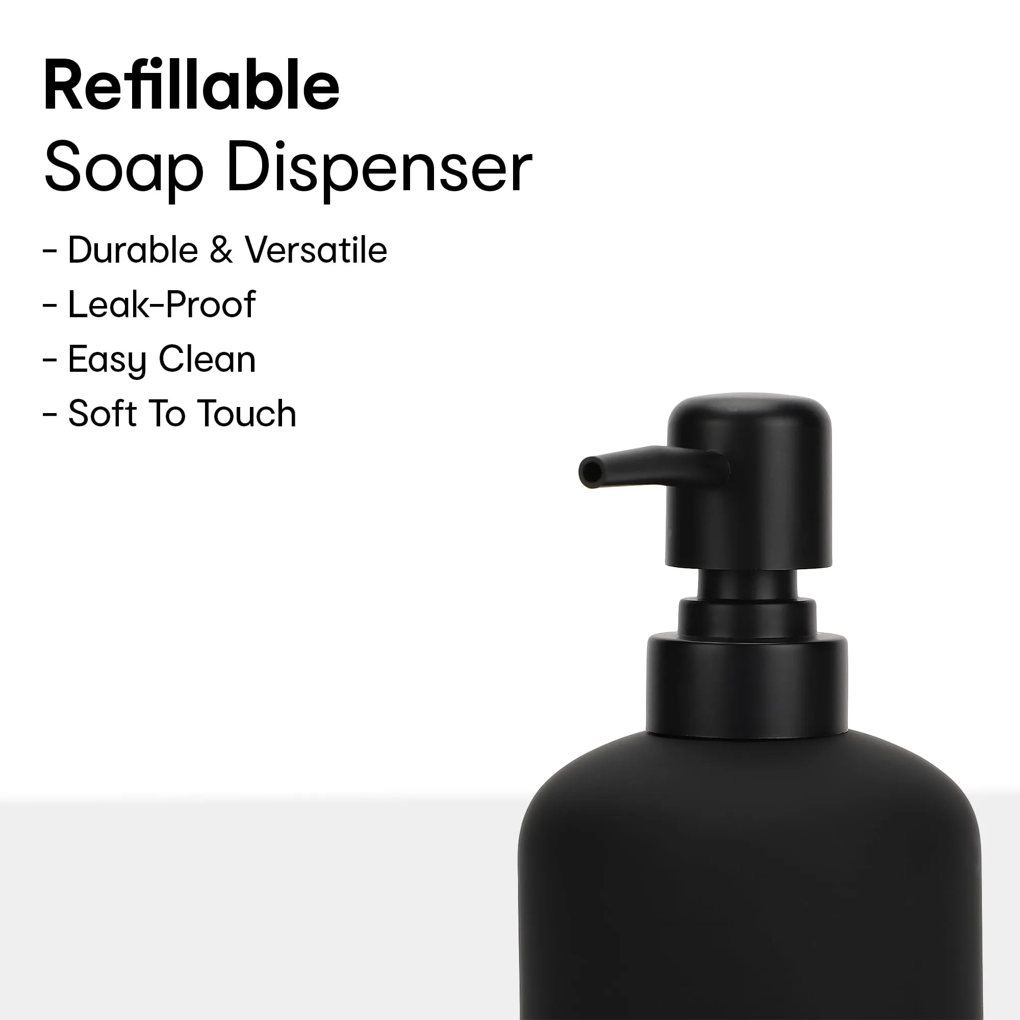 Anko Stoneware & Powder-Coated Plastic Soap Dispenser- Set of 2| | Rust-Proof, Leak-Proof, Moisture-Resistant | Soft Touch, Easy to Clean | Black | 400 ml | 18.5 Cm (H) x 7.6 Cm (D) (1 Pc)