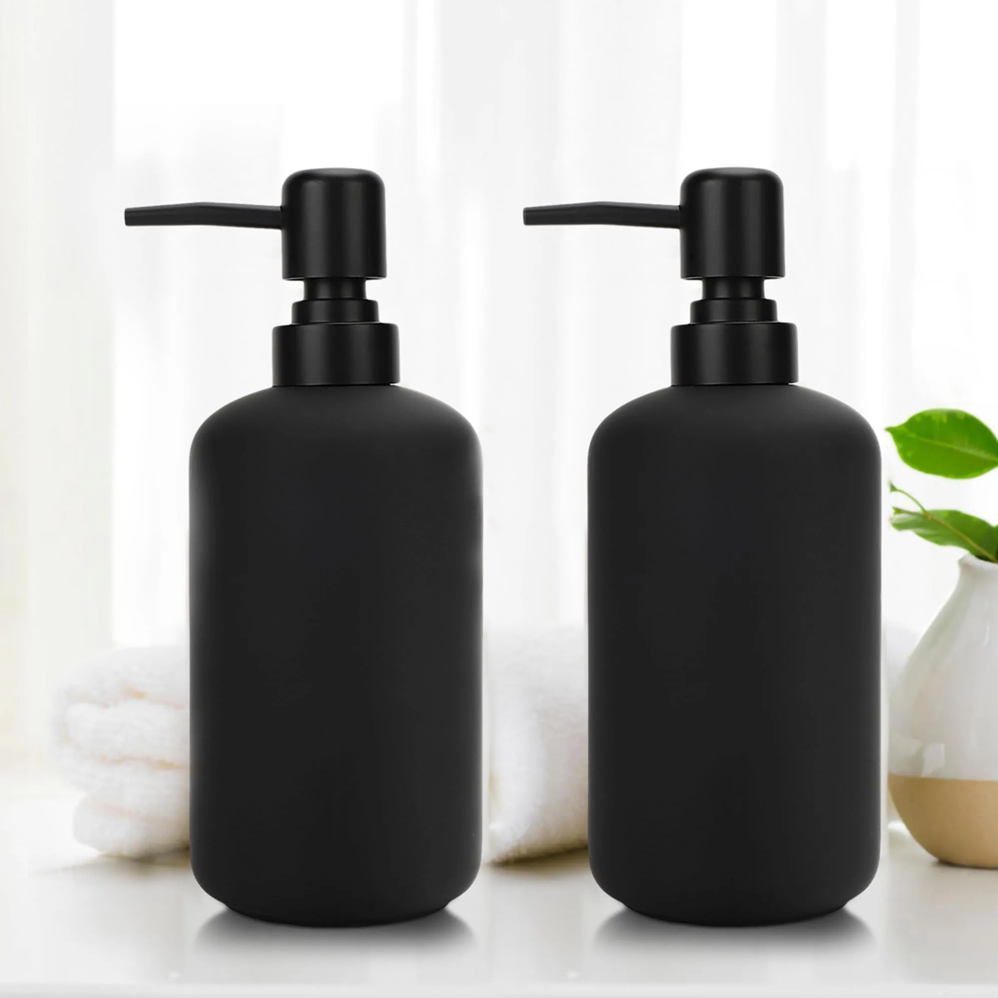 Anko Stoneware & Powder-Coated Plastic Soap Dispenser- Set of 2| | Rust-Proof, Leak-Proof, Moisture-Resistant | Soft Touch, Easy to Clean | Black | 400 ml | 18.5 Cm (H) x 7.6 Cm (D) (1 Pc)