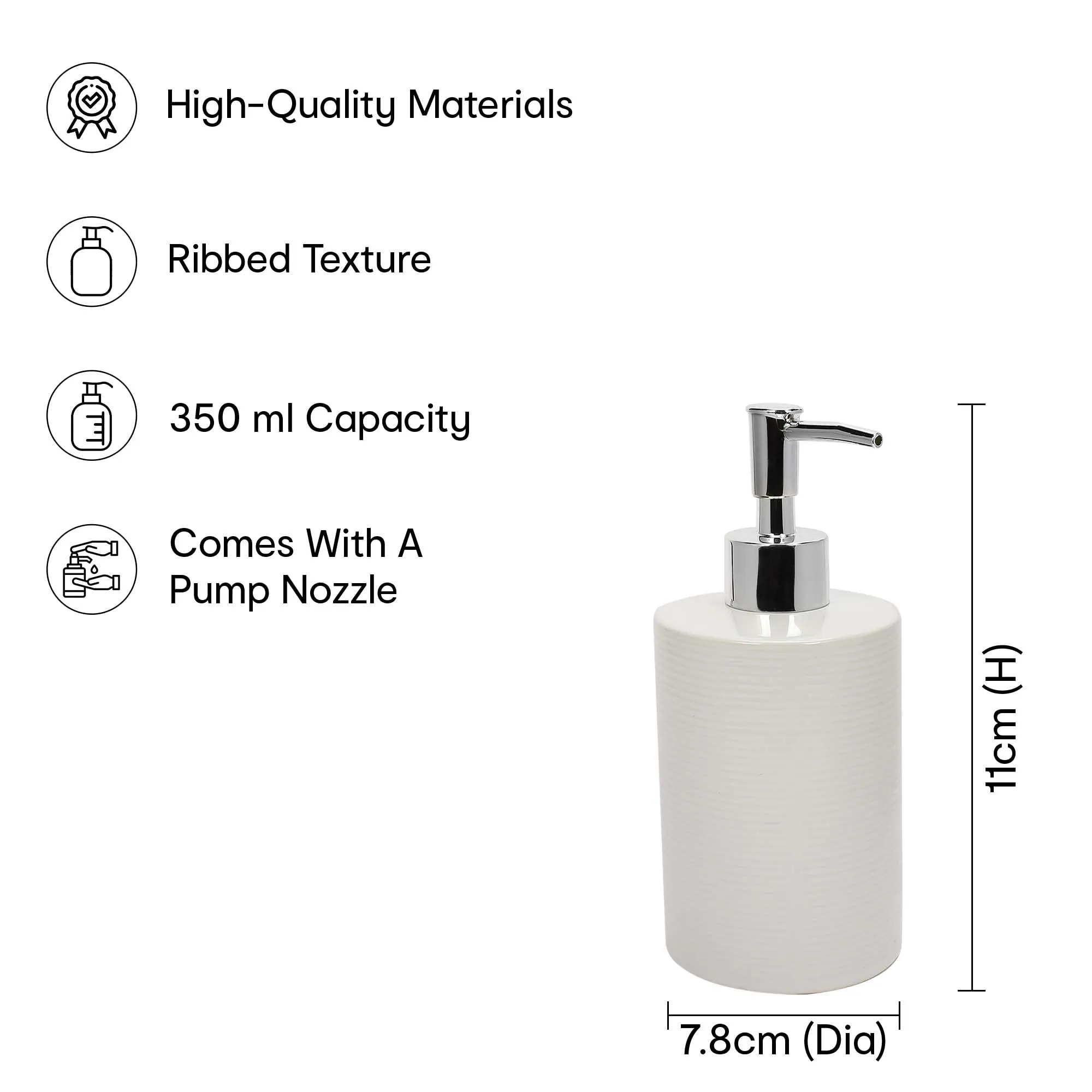 Anko White Ribbed Stoneware Toothbrush Holder (11 x 11 x 4.8 cm) & Liquid Soap Dispenser (350mL) Set for Bathroom | Rust-Proof, Leak-Proof, Easy to Clean | Bathroom Sanitizer, Lotion, White