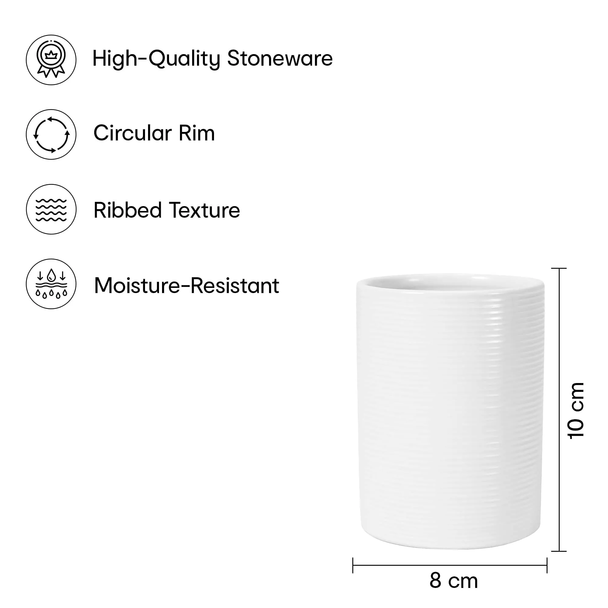 Anko White Ribbed Stoneware Toothbrush Holder (11 x 11 x 4.8 cm) & Liquid Soap Dispenser (350mL) Set for Bathroom | Rust-Proof, Leak-Proof, Easy to Clean | Bathroom Sanitizer, Lotion, White