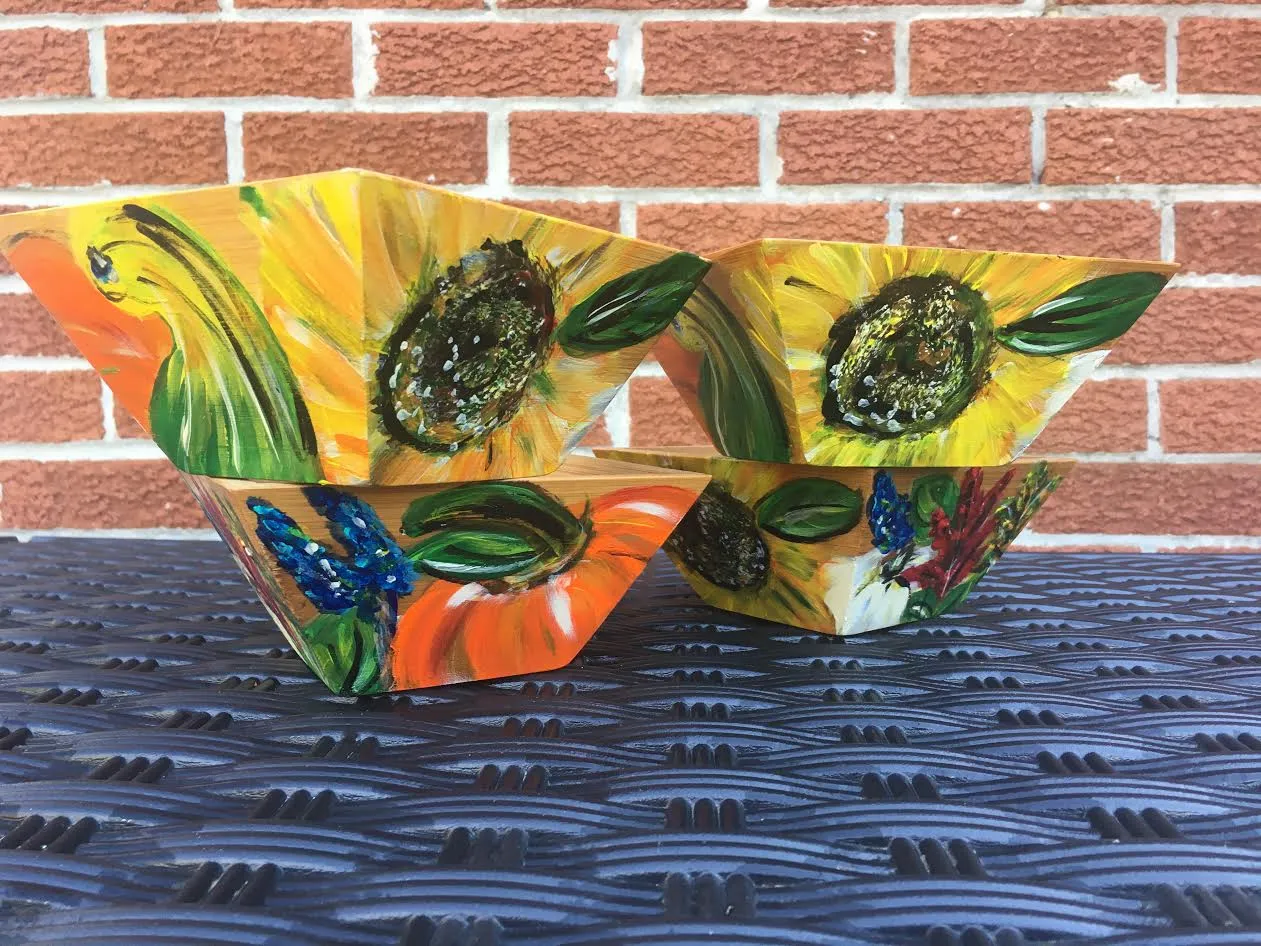 BAMBOO SALAD BOWLS, HAND-PAINTED Autumn Design