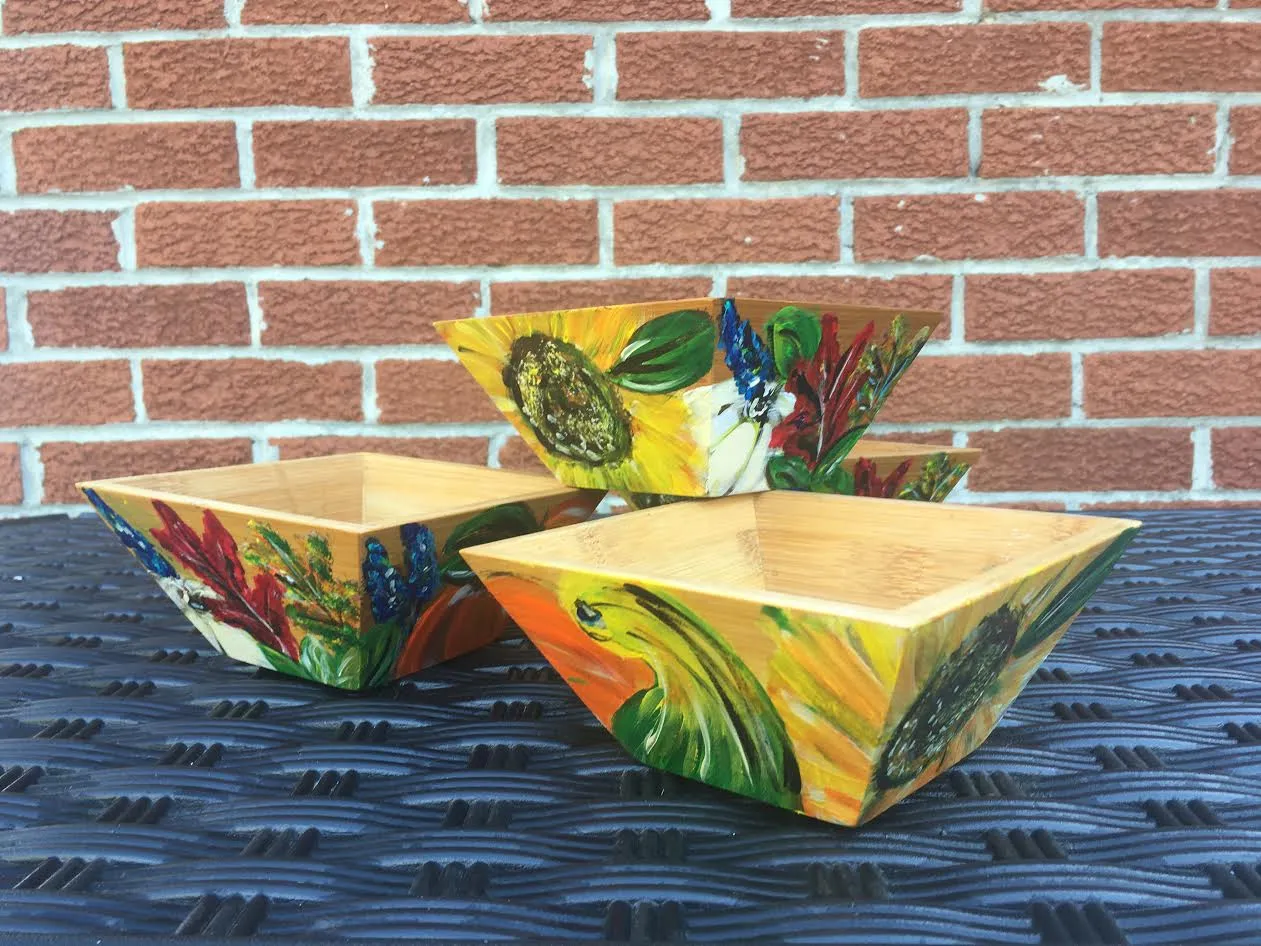 BAMBOO SALAD BOWLS, HAND-PAINTED Autumn Design