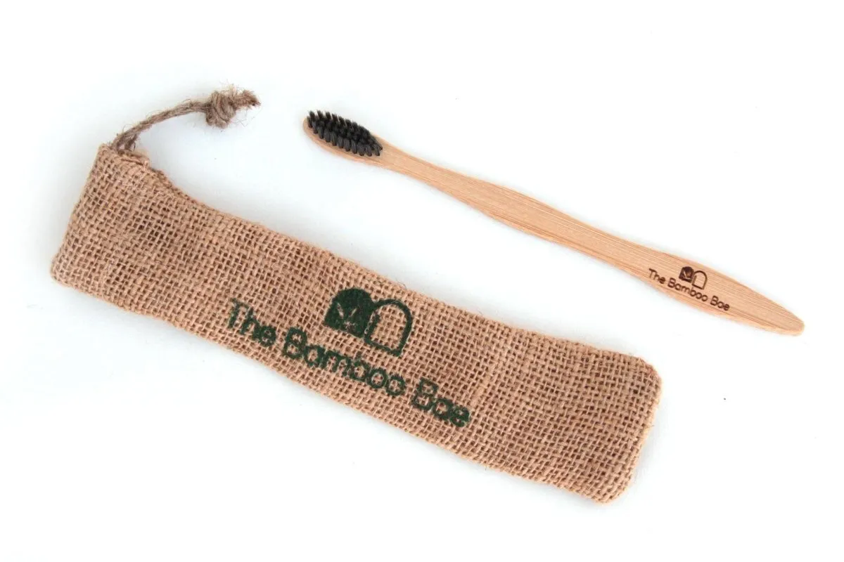 Bamboo Toothbrush | Charcoal Bristles | With Reusable Jute Pouch