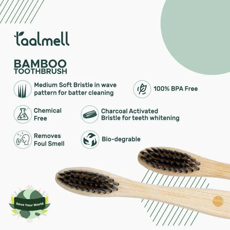 Bamboo Toothbrush with Charcoal Infused Soft bristles | BPA FREE | Sustainable Bamboo | Pack of 4