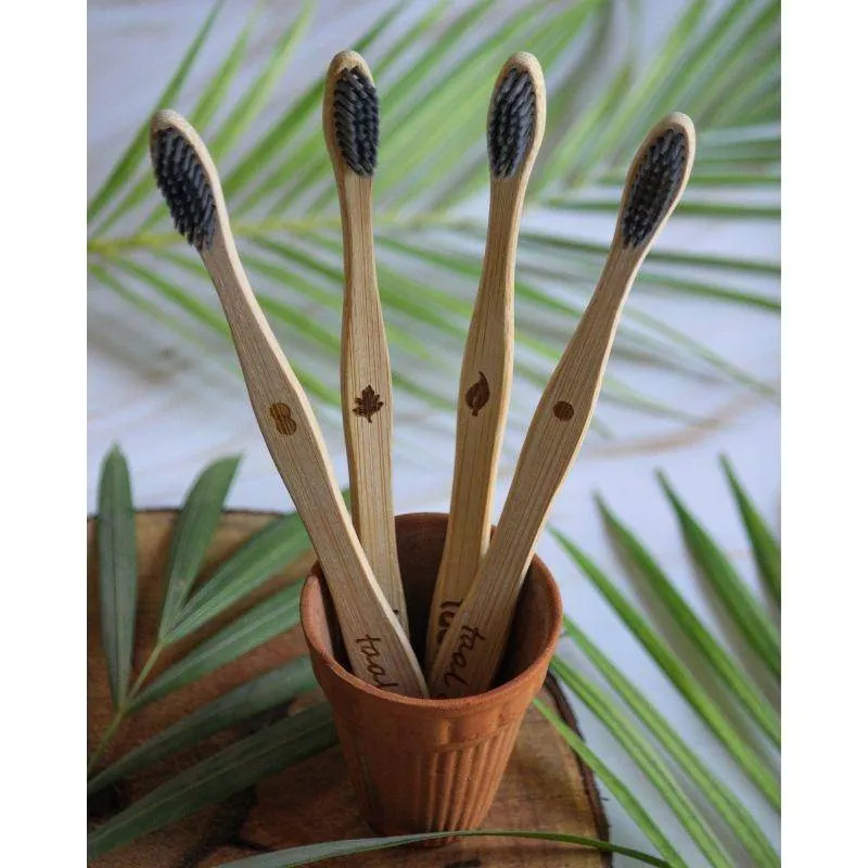 Bamboo Toothbrush with Charcoal Infused Soft bristles | BPA FREE | Sustainable Bamboo | Pack of 4