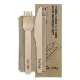 Biopak 16cm Coated Wood Knife, Fork & Napkin Set 400pcs