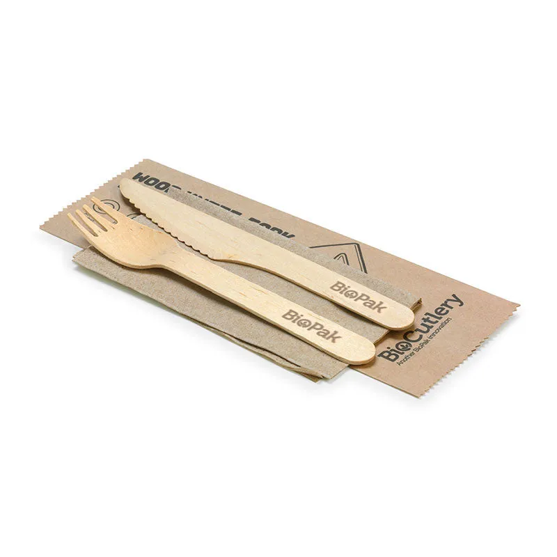 Biopak 16cm Coated Wood Knife, Fork & Napkin Set 400pcs