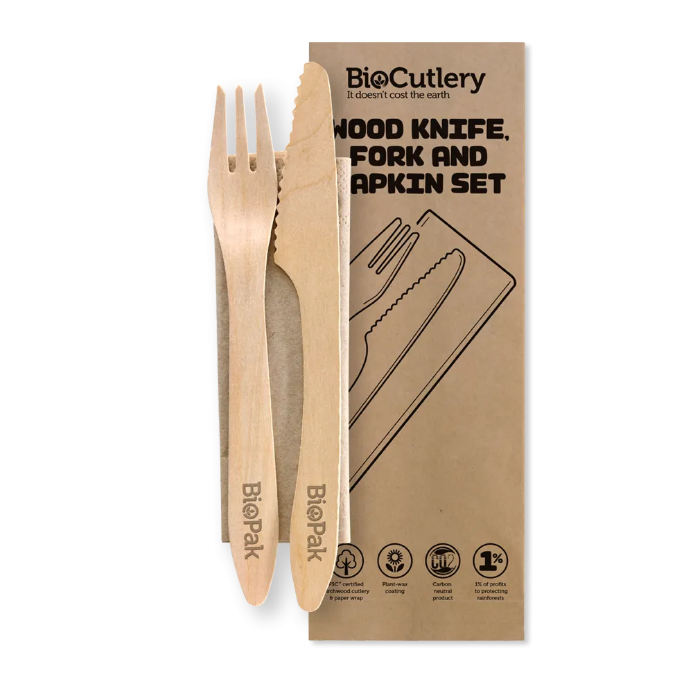 Biopak 19cm Coated Wood Knife, Fork & Napkin Set 400pcs