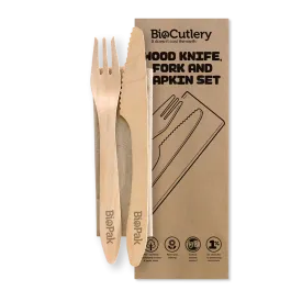 Biopak 19cm Coated Wood Knife, Fork & Napkin Set 400pcs