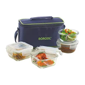 Borosil Glass Universal Microwave Safe Office Lunch Box (Bag Color: Blue, Container Color: Transparent, 2pcs 320 ml sq.   2pcs 240 ml Round) Set of 4