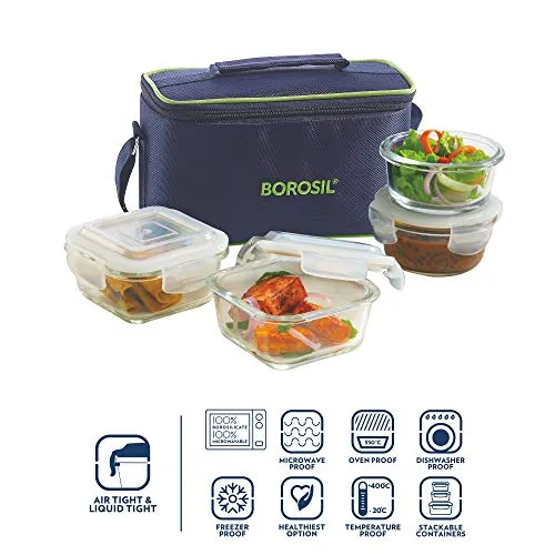 Borosil Glass Universal Microwave Safe Office Lunch Box (Bag Color: Blue, Container Color: Transparent, 2pcs 320 ml sq.   2pcs 240 ml Round) Set of 4