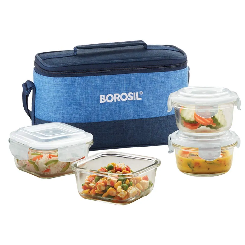 Borosil Prime Daisy Glass Lunch Box Set of 4, (320 ml Sq   240 ml Rnd) Microwave Safe Office Tiffin & Prime Universal Glass Lunch Box Set of 4, (320 ml Sq   240 ml Rnd) Microwave Safe Office Tif Combo