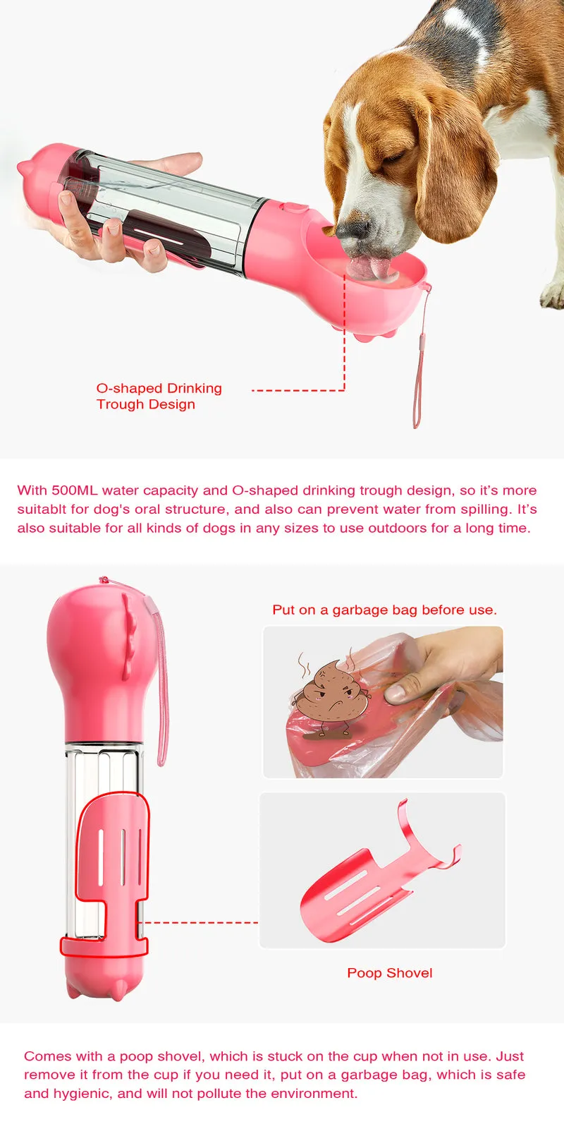 BPA-Free Portable Pet Water Feeder Bottle, 500ml, Pink - YES4PETS