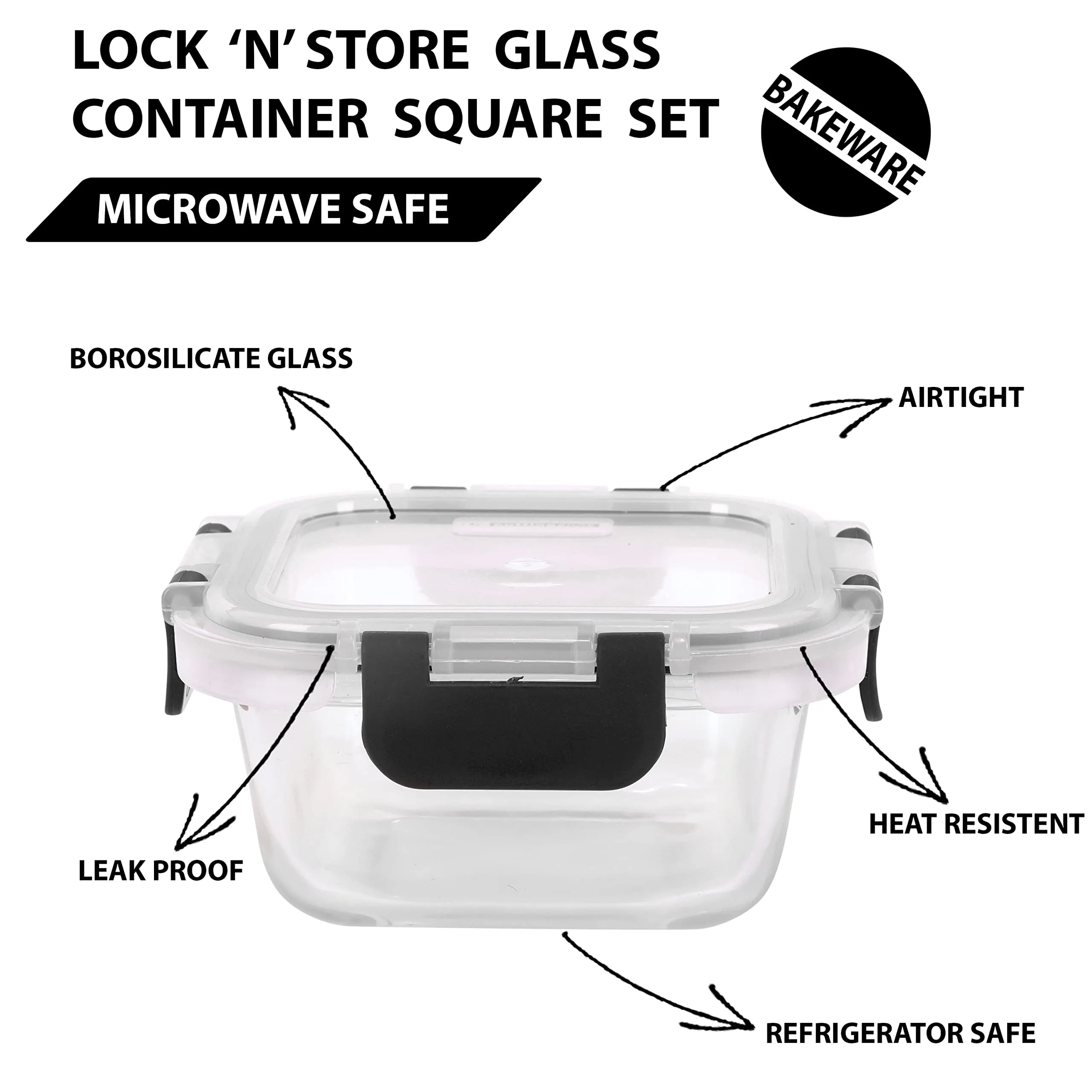 Cutting EDGE Square Glass Food Storage Lunch Box 350ml (Set of 2) with Lunch Bag, Microwave Safe, High Borosilicate, Leak Proof, Detachable & Break-Free Lid (Black)