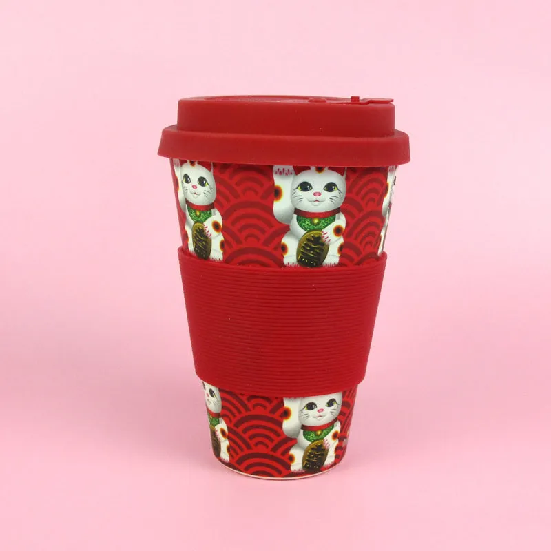 Eco-Friendly Reusable Plant Fiber Travel Mug with Maneki Neko Lucky Cat Design