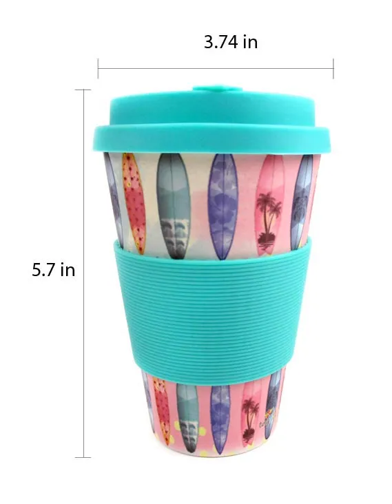 Eco-Friendly Reusable Plant Fiber Travel Mug with Sunset Surfboard Design