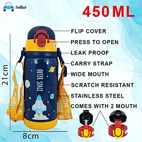 FunBlast Space Theme Hot & Cold Water Bottle for Kids - Double Walled Thermos Flask Vacuum Insulated Stainless Steel Bottle - Dual Cap Bottle with Straw & Wide Mouth Cap (450ML, Navy Blue, Pack of 1)