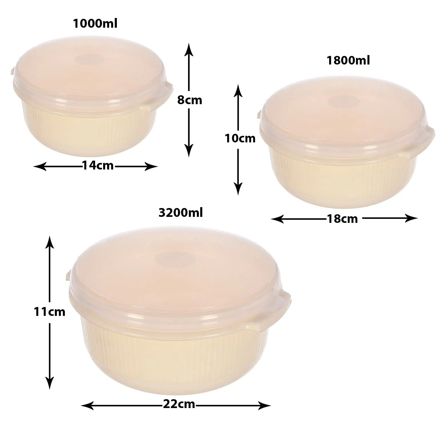 Heart Home 3 Piece Multiuses Plastic Serving/Mixing Bowls, Food Storage Containers Set With Lid, (3200ml, 1800ml, 1000ml) (Cream)-46HH0317