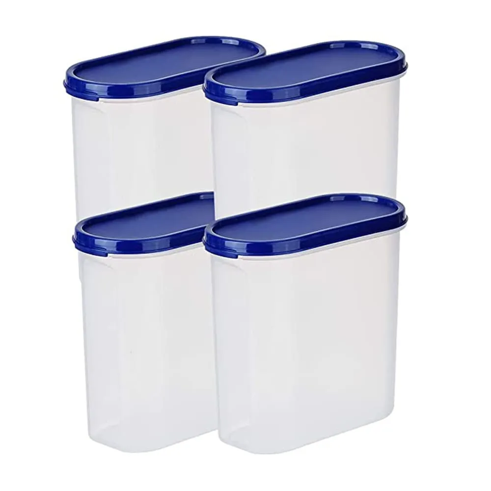 Homestic Plastic Storage Containers With Lid I Set of 4, 1600 ml | Airtight, Stackable, Spill-proof, Travel-friendly | Transparent with Blue Lid | For Dry & Wet Foods, Cereals, Dryfruits