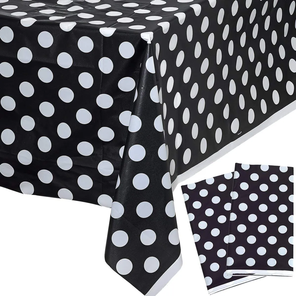 Kicko Midnight Black Polka Dot Plastic Tablecloths - 2 Pack - 54 x 108 Inches - Disposable