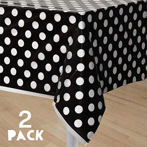 Kicko Midnight Black Polka Dot Plastic Tablecloths - 2 Pack - 54 x 108 Inches - Disposable