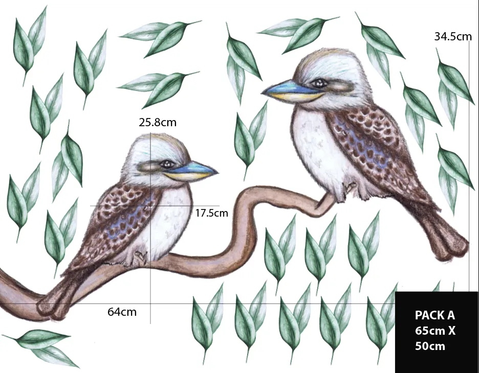 Kookaburra Wall Decal Set Australian Design Hand Painted Peel & Stick, Removable Wall Decal. Nursery, Kids Playroom, Kids Teens Bedroom