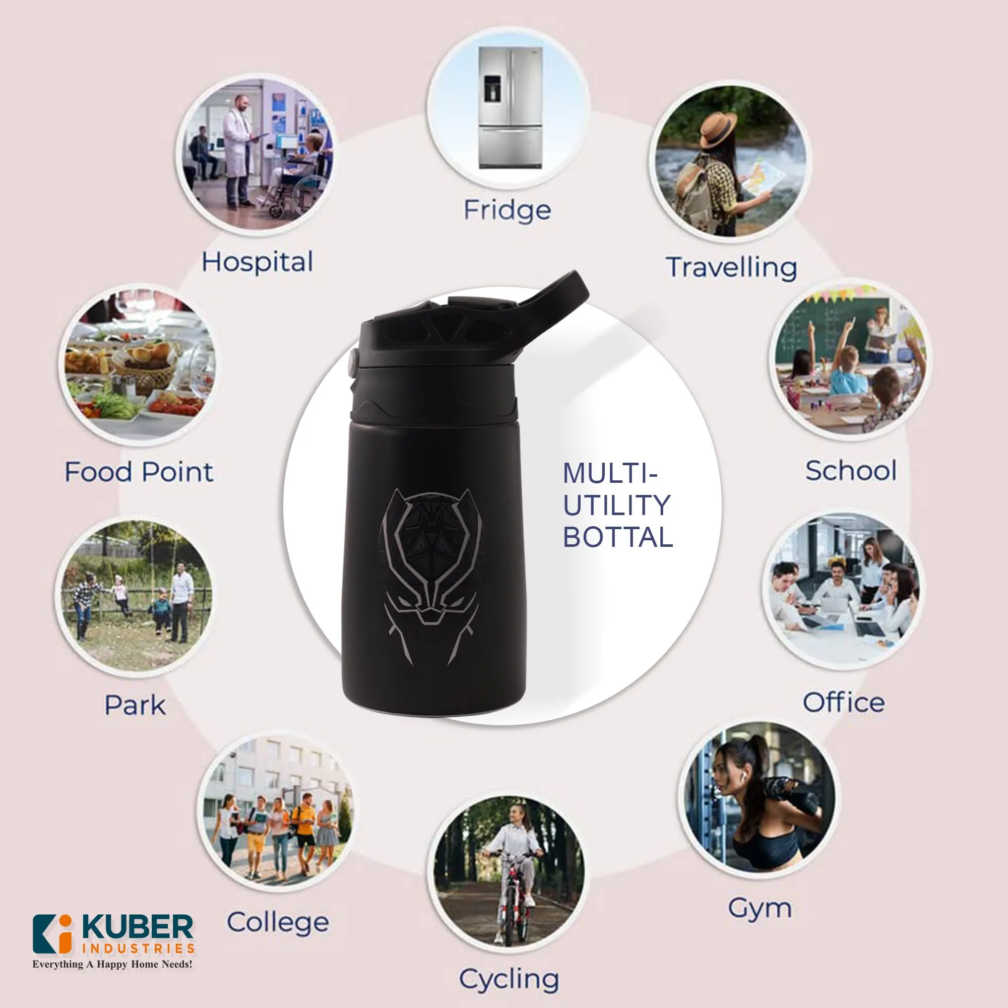 Kuber Industries 350 ml Insulated Water Bottle | Black Panther Kids Water Bottle | Stainless Steel Kids Water Bottle | Water Bottle with Push-Button Flip Lid | Bottle For School | Black | Pack of 4