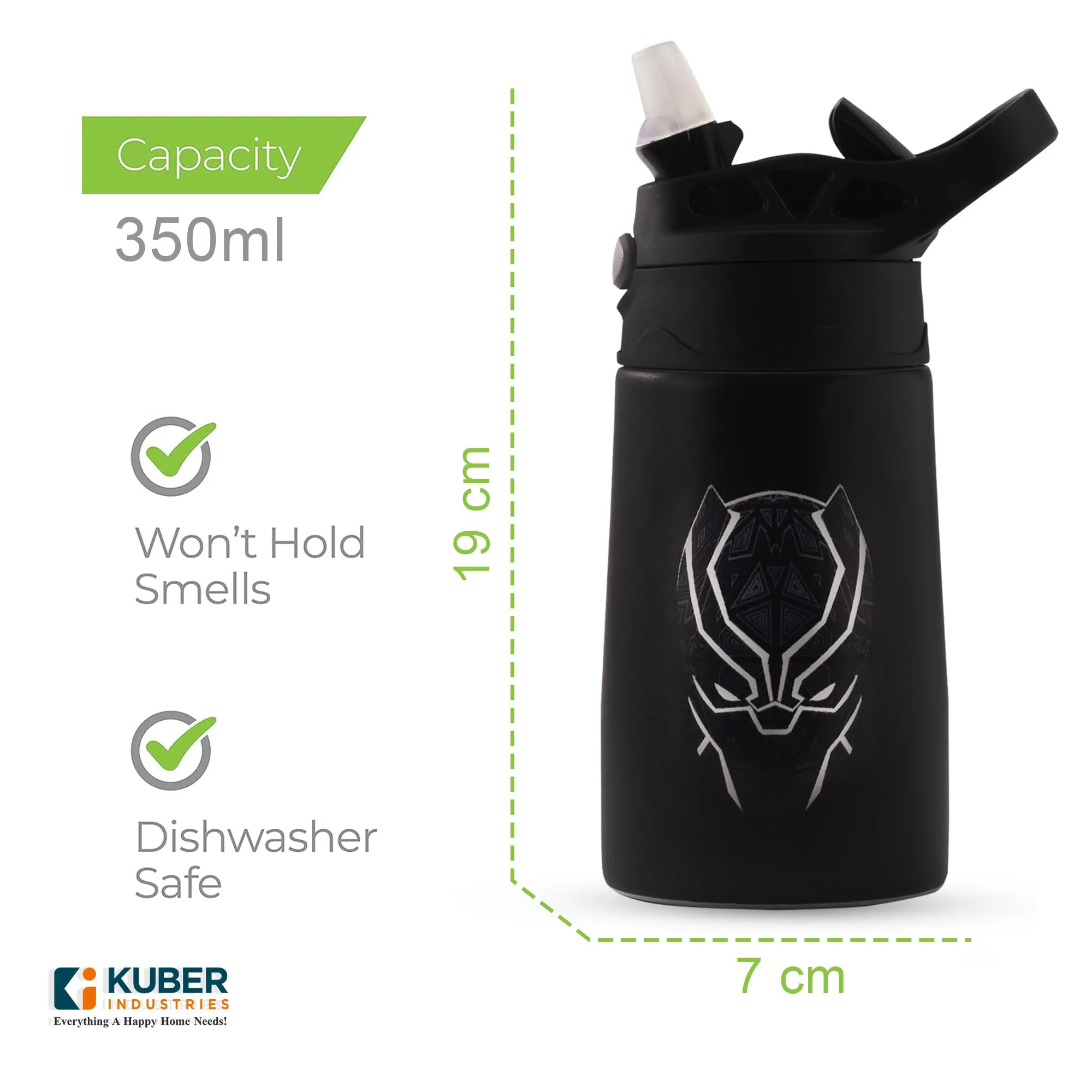 Kuber Industries 350 ml Insulated Water Bottle | Black Panther Kids Water Bottle | Stainless Steel Kids Water Bottle | Water Bottle with Push-Button Flip Lid | Bottle For School | Black | Pack of 4