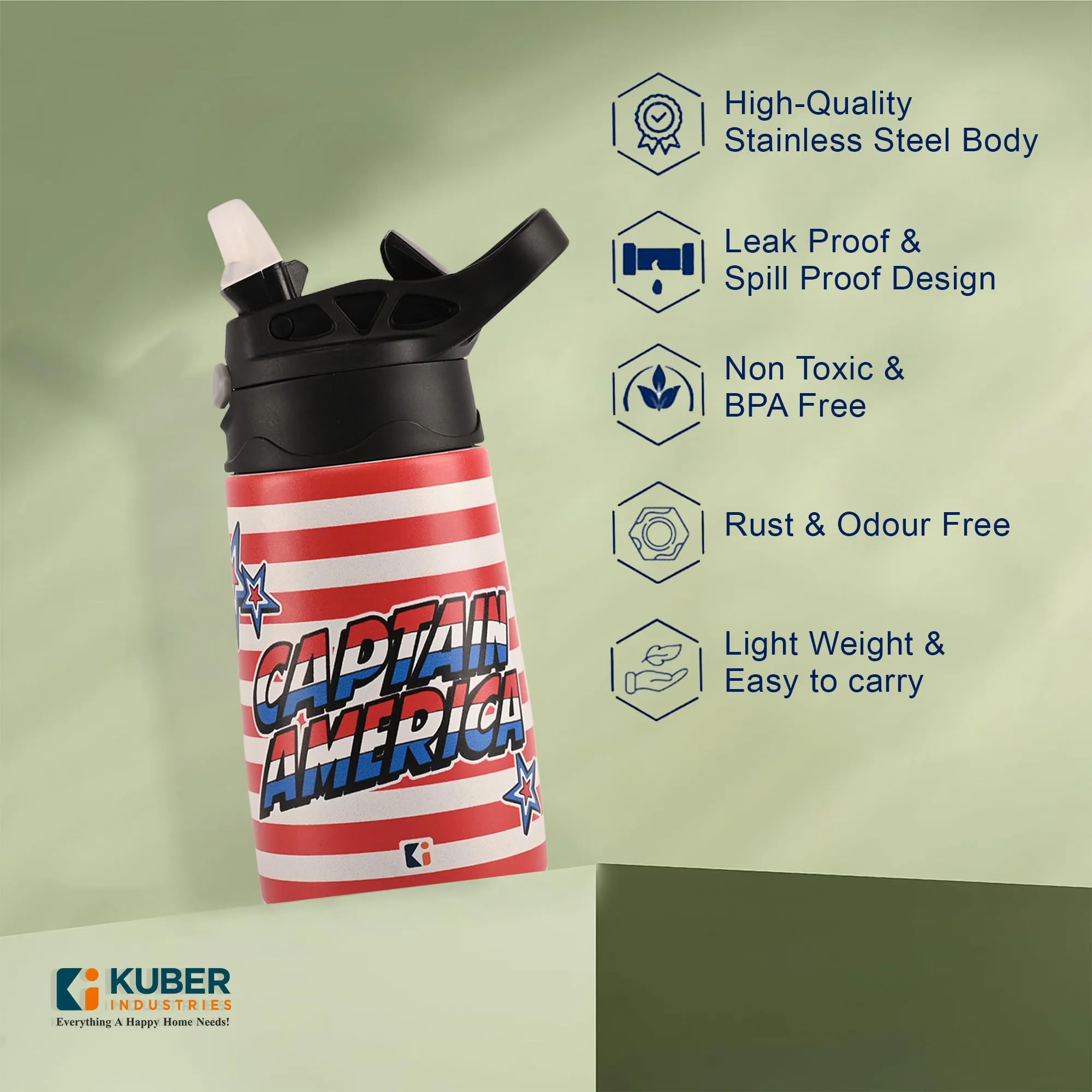 Kuber Industries 350 ml Insulated Water Bottle | Captain America Kids Water Bottle | Stainless Steel Kids Water Bottle | Water Bottle with Push-Button Flip Lid | Bottle For School | Red | Pack of 4