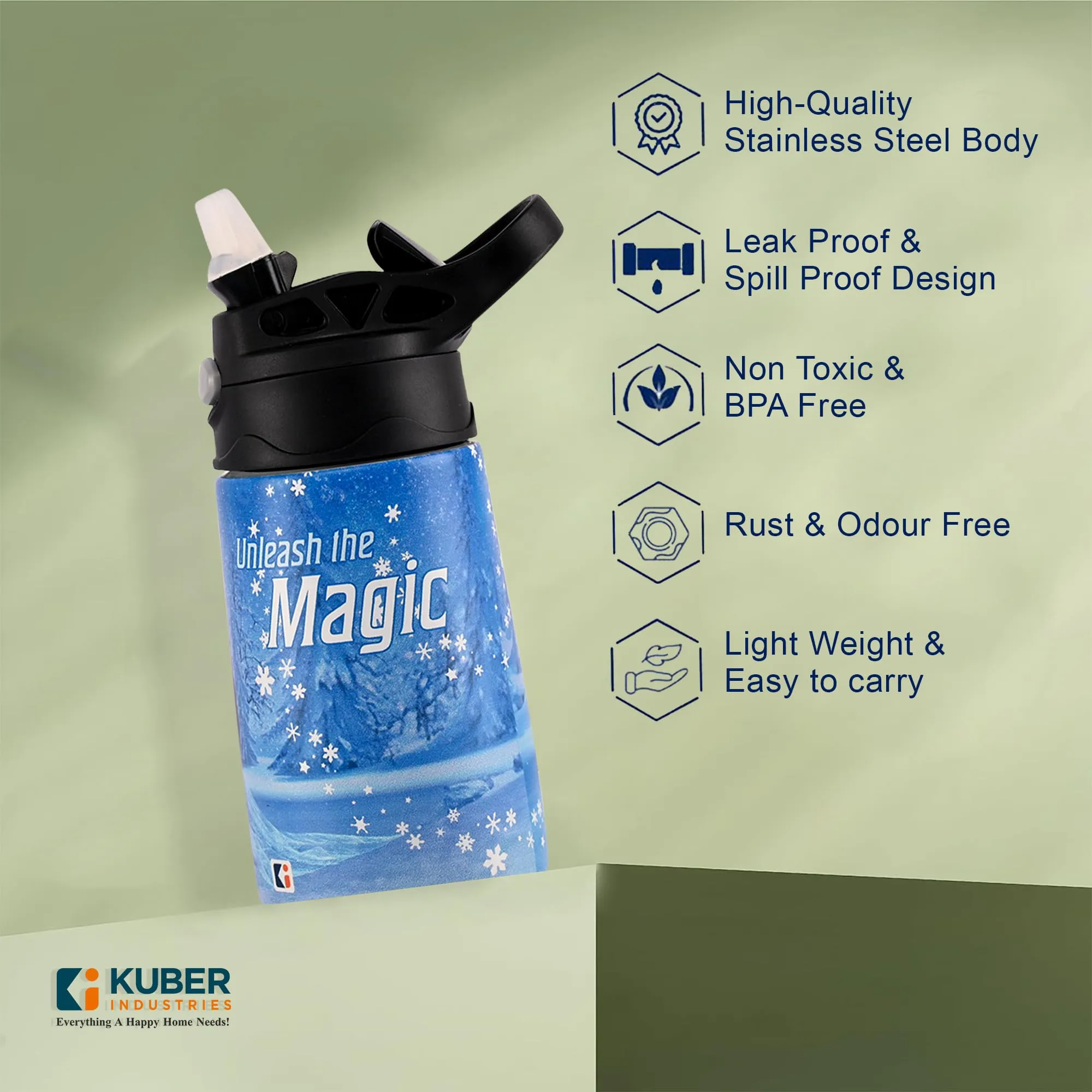 Kuber Industries 350 ml Insulated Water Bottle | Disney Frozen Kids Water Bottle | Stainless Steel Kids Water Bottle | Water Bottle with Push-Button Flip Lid | Bottle For School | Blue | Pack of 2