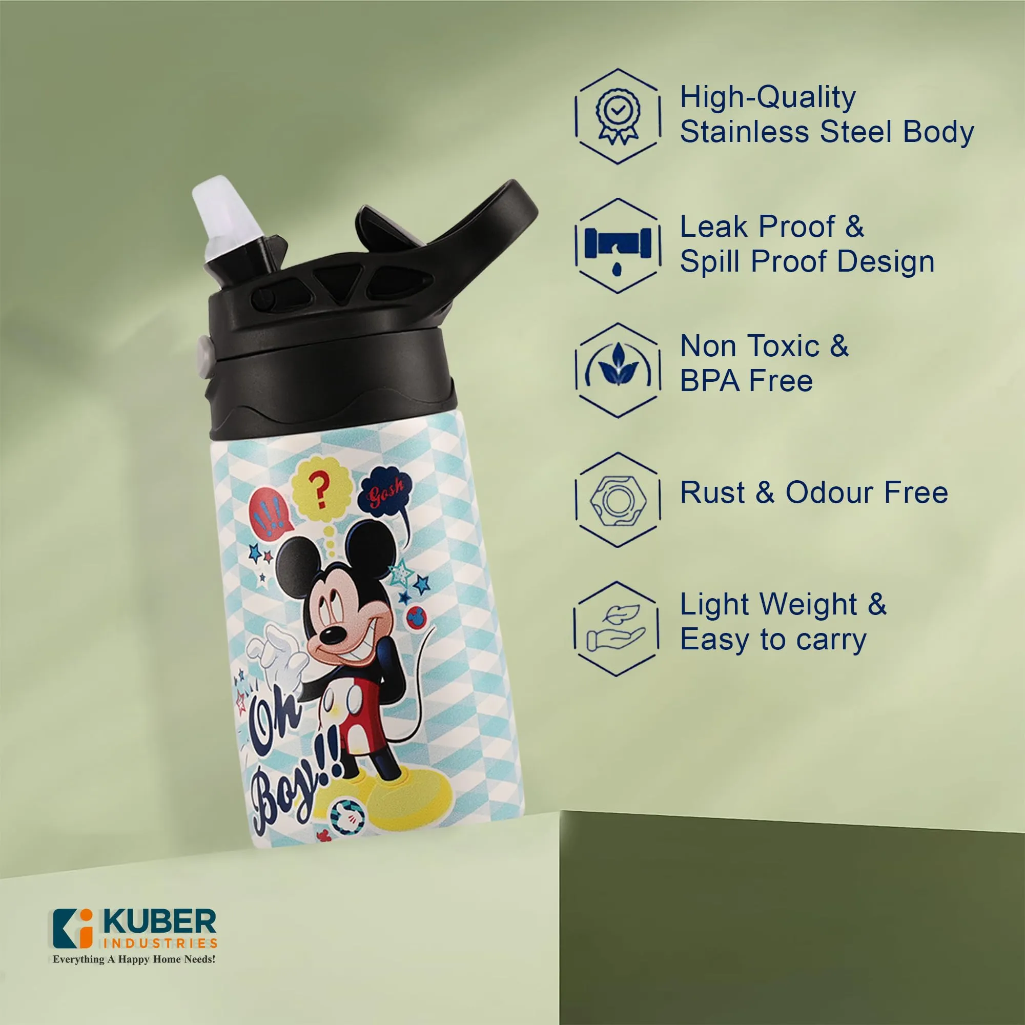 Kuber Industries 350 ml Insulated Water Bottle | Mickey Kids Water Bottle | Stainless Steel Kids Water Bottle | Water Bottle with Push-Button Flip Lid | Bottle For School | Sky Blue | Pack of 5