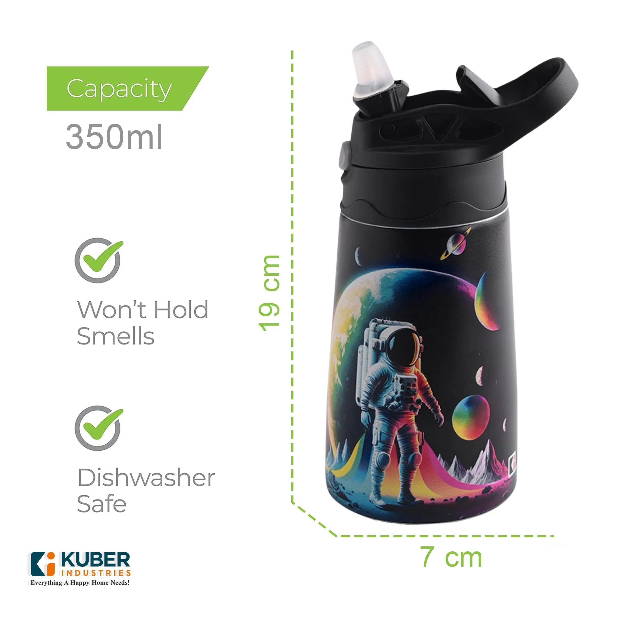 Kuber Industries 350 ml Insulated Water Bottle | Space Kids Water Bottle | Stainless Steel Kids Water Bottle | Water Bottle with Push-Button Flip Lid | Bottle For School | Multicolor | Pack of 4