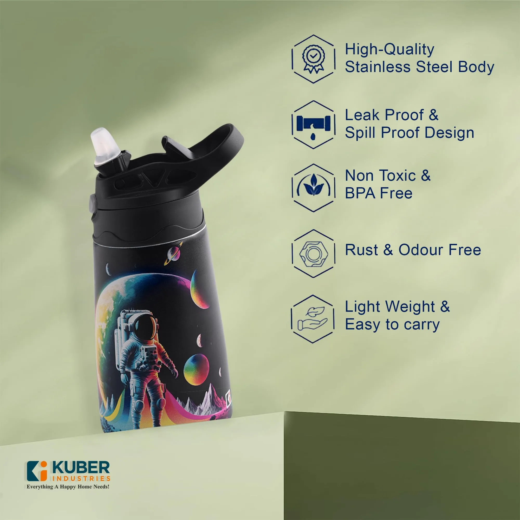 Kuber Industries 350 ml Insulated Water Bottle | Space Kids Water Bottle | Stainless Steel Kids Water Bottle | Water Bottle with Push-Button Flip Lid | Bottle For School | Multicolor | Pack of 4