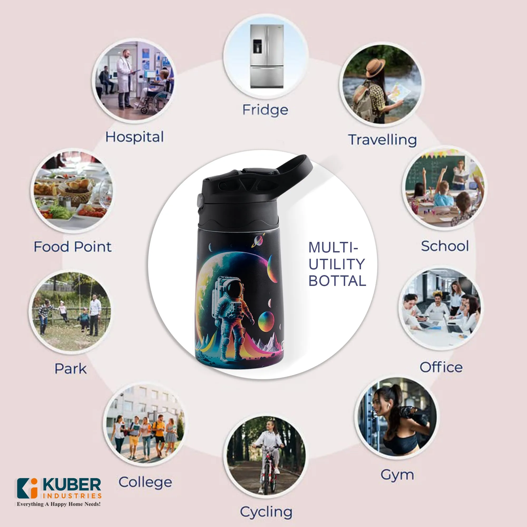 Kuber Industries 350 ml Insulated Water Bottle | Space Kids Water Bottle | Stainless Steel Kids Water Bottle | Water Bottle with Push-Button Flip Lid | Bottle For School | Multicolor | Pack of 4