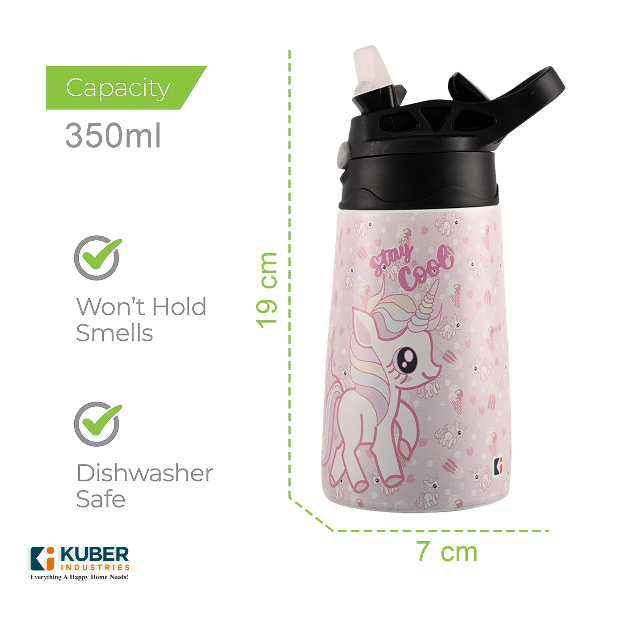 Kuber Industries 350 ml Insulated Water Bottle | Stay Cool Kids Water Bottle | Stainless Steel Kids Water Bottle | Water Bottle with Push-Button Flip Lid | Bottle For School | Pink | Pack of 4