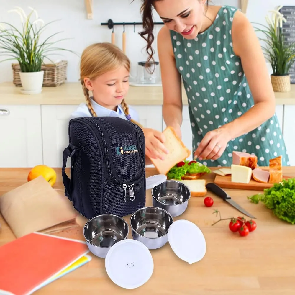 Kuber Industries Lunch Box|Canvas Leak Proof 3 Stainless Steel Insulated Containers Lunch Bag|Adjustable Straps Tiffin Box with Zipper Closure (Black) (Pack of 2)