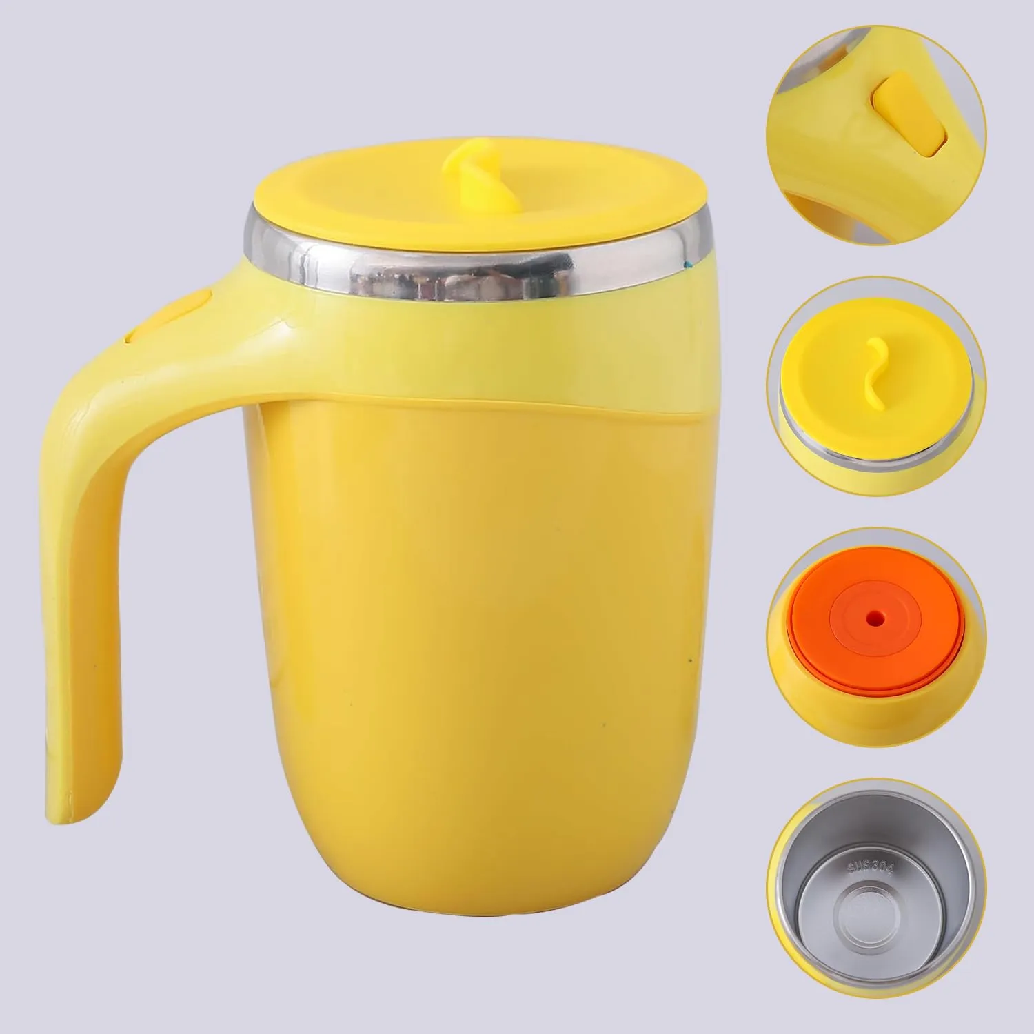 Kuber Industries Pack of 6 Anti-Fall Insulated Coffee Mug with Suction Bottom | Leak-Proof Stainless Steel Tumbler | Coffee Mug with Lid and Handle | 500 ML | Yellow