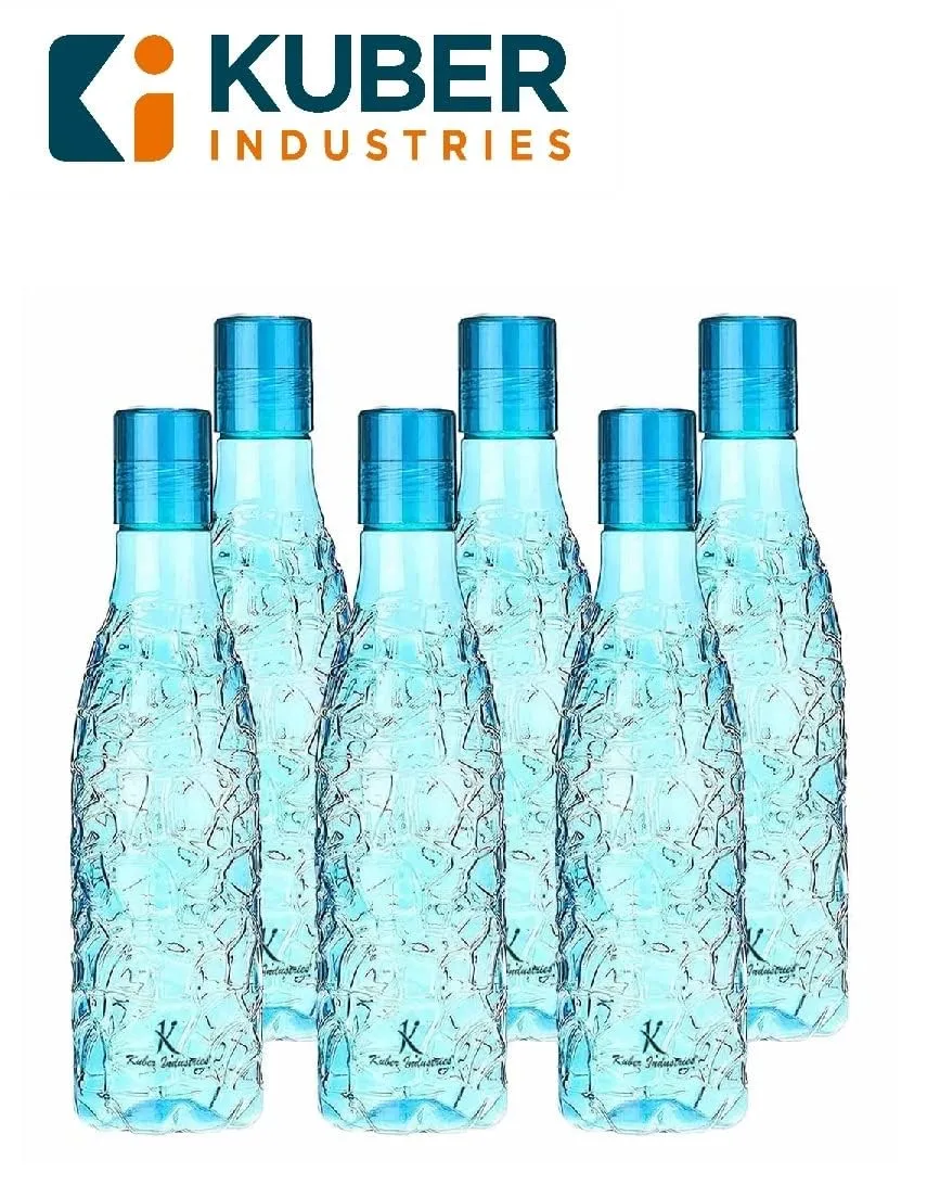 Kuber Industries Set of 6 Plastic Water Bottle | 1 Litre Round Plastic Water Bottle | Refrigerator Safe and BPA free PET Water Bottle |Perfect For School College Work Gym | Pack of 2 | Blue