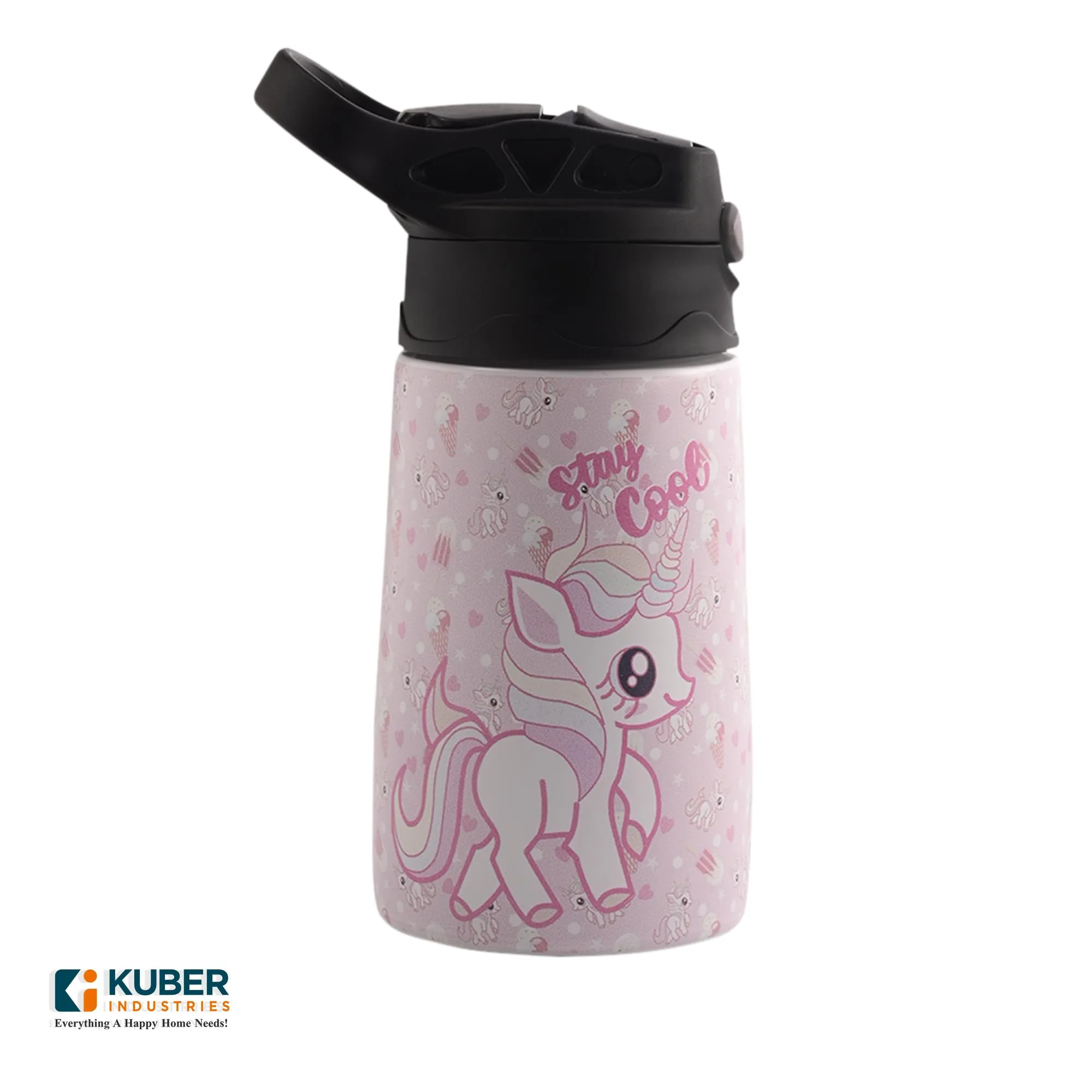 Kuber Industries Stainless Steel Kids Water Bottle | Stay Cool Kids Water Bottle | 350 ml Insulated Water Bottle | Water Bottle with Push-Button Flip Lid | Water Bottle For School |Pink