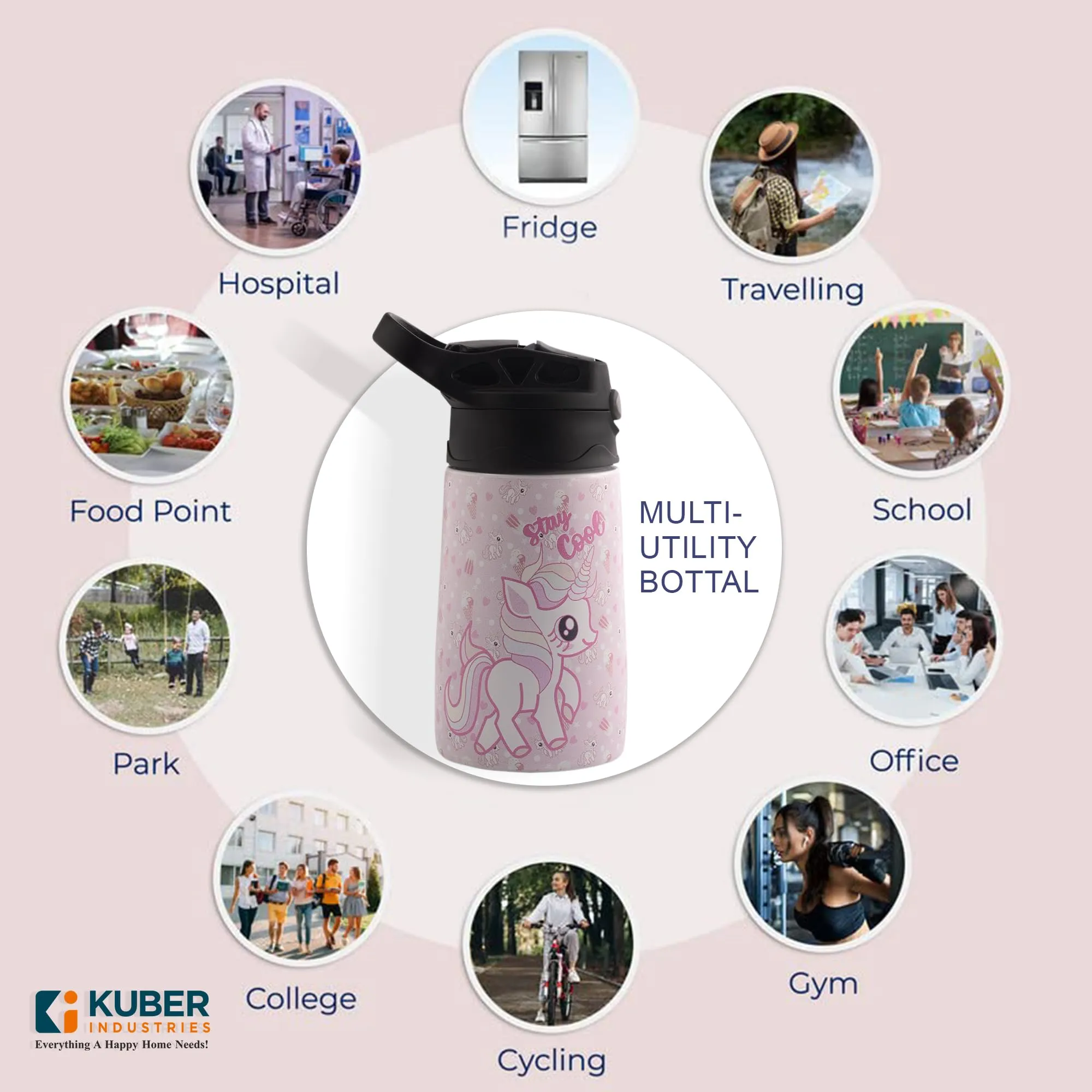 Kuber Industries Stainless Steel Kids Water Bottle | Stay Cool Kids Water Bottle | 350 ml Insulated Water Bottle | Water Bottle with Push-Button Flip Lid | Water Bottle For School |Pink